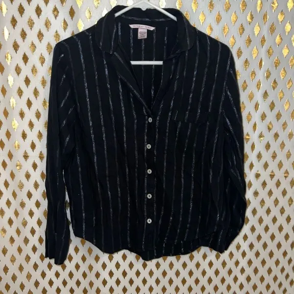 Victoria’s Secret long sleeve pajama lounge shirt button down shirt metallic str - Image 3