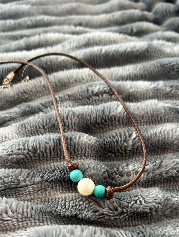 Turquoise And Pearl Necklace Blue - Image 3