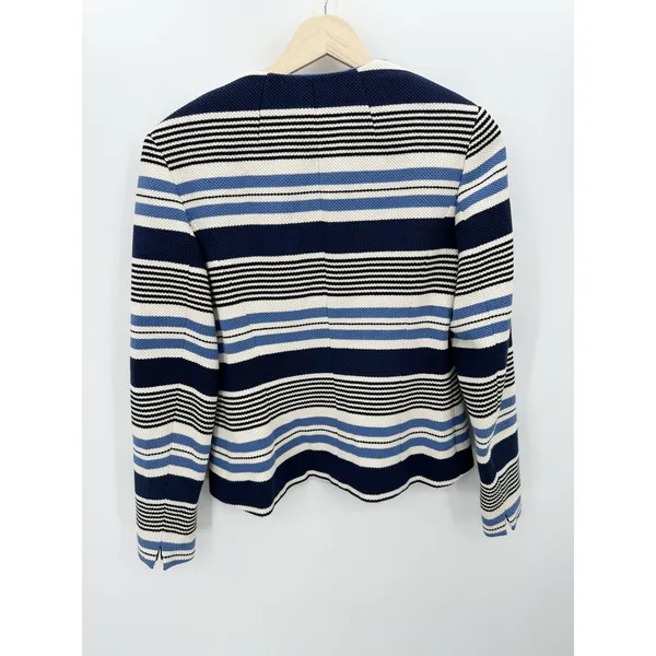 Anne Klein Tweed Jacket Women 4 Blue Black‎ Striped Open Front Tulip Hem Blazer - Image 2