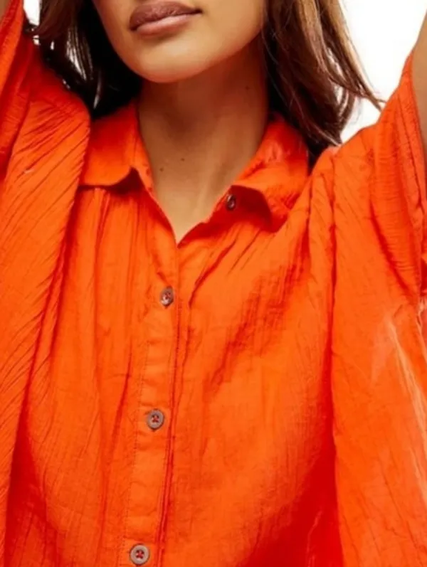 NWOT Free People Float Away Button Front Short Sleeve Shirt XS Orange - Image 2
