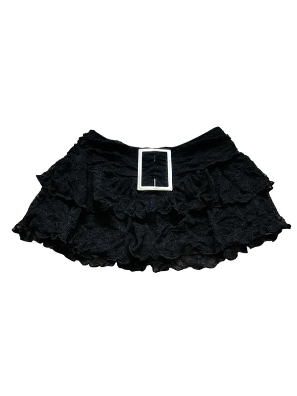 Black Lace Tiered Ruffle Mini Skirt Silver Buckle Festival Coastal Cowgirl Goth - Image 2