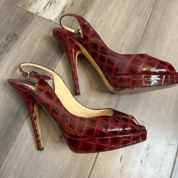 Jimmy Choo Patent Snake Embossed Peep Toe Heels Women's Sling Back Red Size 37 - Image 2