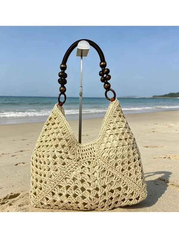 Crochet Straw Hobo Bag Bead Hollow Shoulder Bag Khaki Color - Image 5
