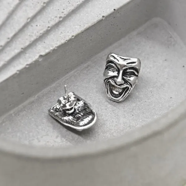 Silver Theatrical Mask Stud Earrings - Image 2