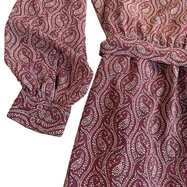 Banana Republic Paisley Midi Dress Womens Small Burgundy Ruffle Long Sleeve Belt - Image 7