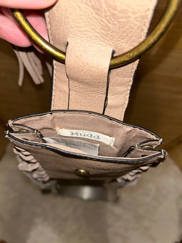 Mudd Faux Leather Taupe Cell Phone Crossbody Bag Studded Fringe O-ring handle - Image 4