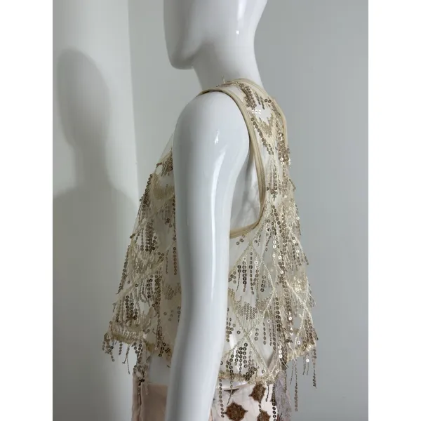 Women’s Sequin Fringe Crop Top Sheer Mesh Party Festival Shirt Approx Size S - Image 2