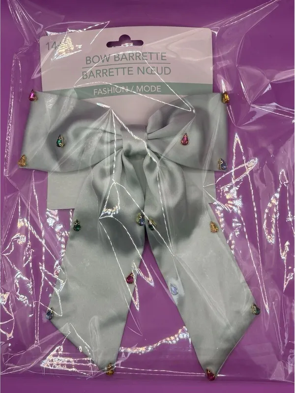 Silver Satin Bow Barrette Hair Clip with Rhinestone Accents, Embellished - Image 4