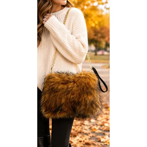Faux Fur Shoulder Crossbody Bag Brown Gold Chain Cozy Winter Plush Handbag Purse - Image 13