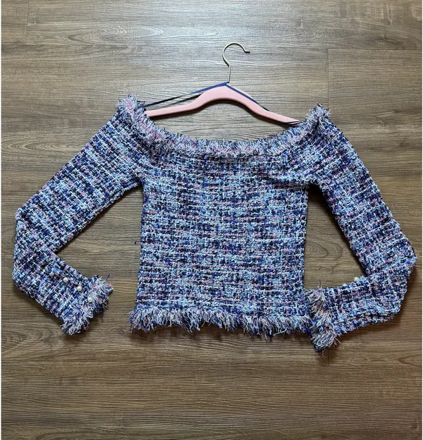 ZARA Off-The-Shoulder Tweed Top Blue - Image 6