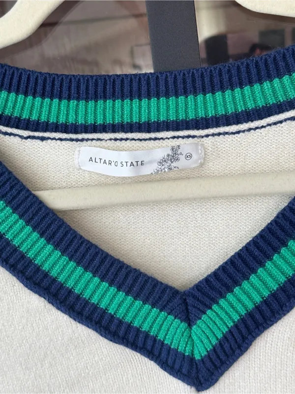 Altar’d state varsity cropped sweater vneck kelly green striped navy knit ribbed - Image 3