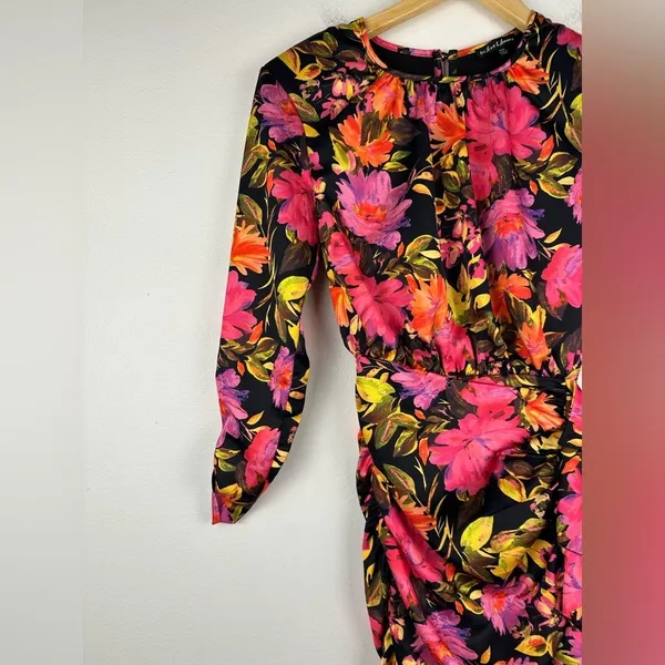 For Love and Lemons Dakota Black Floral Satin Long Sleeves Ruffle Dress Sz XXS‎ - Image 3