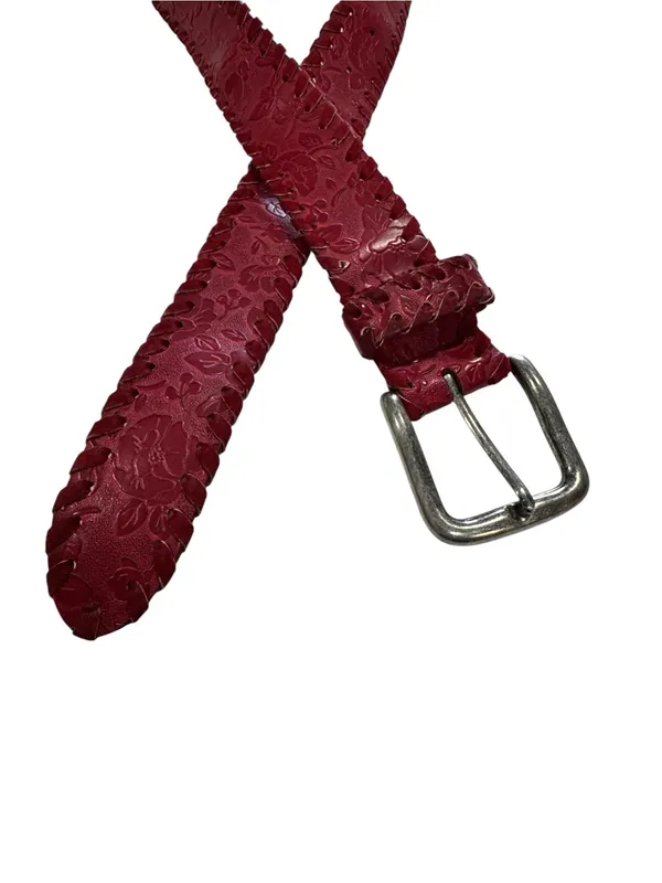 Red Floral Embossed Leather Belt Whipstitch Edges Silver Buckle Wide - Image 4
