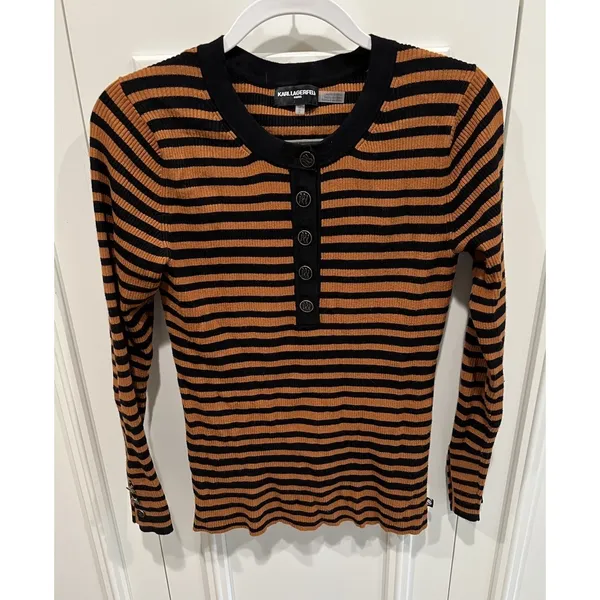 Karl‎ Lagerfeld Paris Ribbed Striped Henley Long Sleeve Thermal Top Designer - Image 2