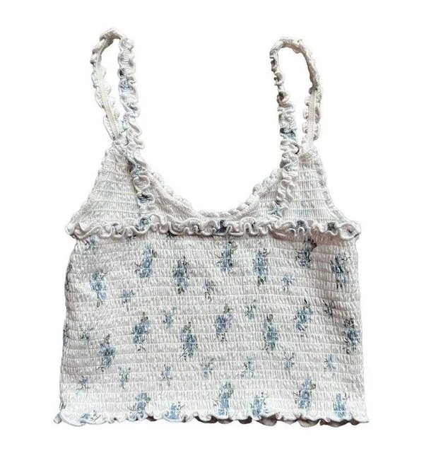 Hollister White Floral Stretchy Crop Top Size Medium - Image 2
