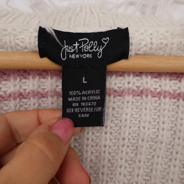 Just Polly Sweater Womens L Distressed V-Neck Cream Pink Striped Grunge Exc - Image 2