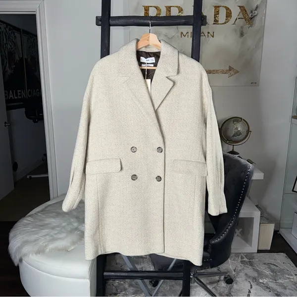 Mango Wool Blend Herringbone Double Breasted Coat Neutral Beige Medium New NWT - Image 6