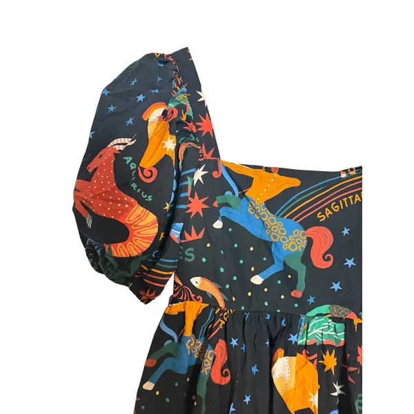 Farm Rio Zodiac Print Black Puff Sleeve Square Neck Babydoll Mini Dress Size M - Image 7