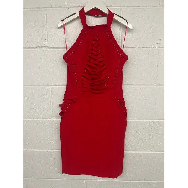 Hybrid & Company Sz M Red Sexy Bodycon Strappy Knee Length Midi Bandage Dress - Image 3