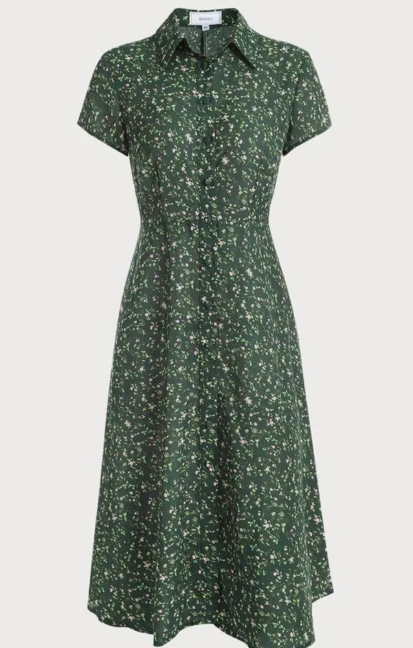 Rihoas Green Lapel Button Up Floral Midi Dress - Image 6