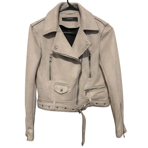 Zara Basic Womens Faux‎ Suede Biker Moto Jacket Sand Beige Belted XS - Image 3