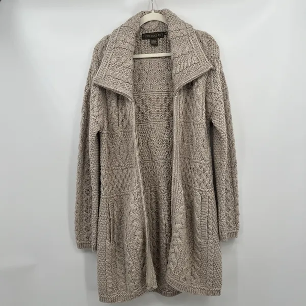 inis crafts merino 100% wool Sweater L Tan Long Full Zip Cable Knit Ireland Boho - Image 12