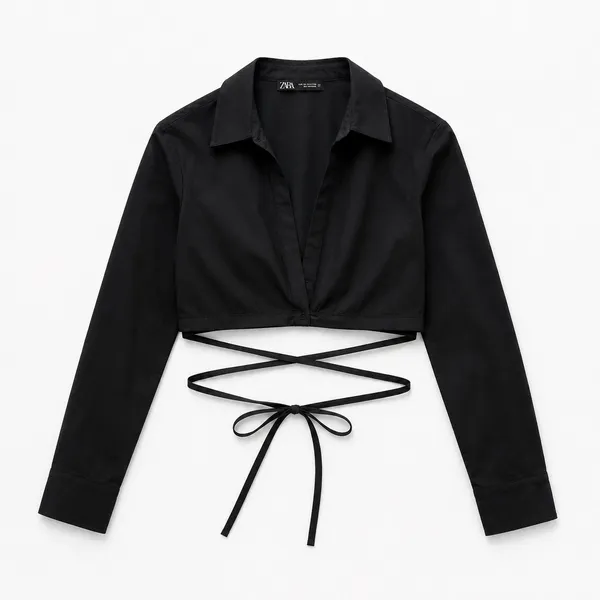 Zara Black Crop Poplin Shirt Long Sleeve Wrap Tie Waist XS EUC Collar Blouse - Image 2