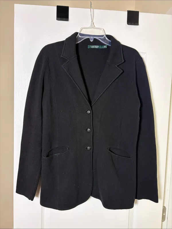 Lauren Ralph Lauren Sweater Blazer L Black Cotton Classic Preppy Office Academia - Image 3
