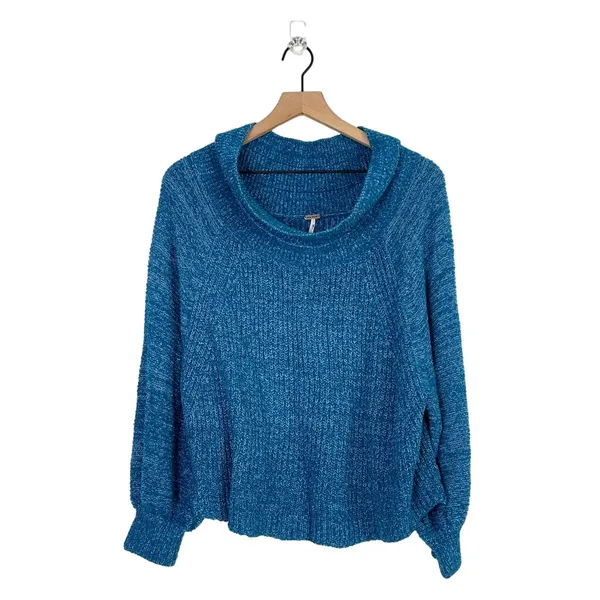 Free People Edessa‎ Off the Shoulder Blue Pullover Balloon Sleeve Knit Sweater M - Image 2