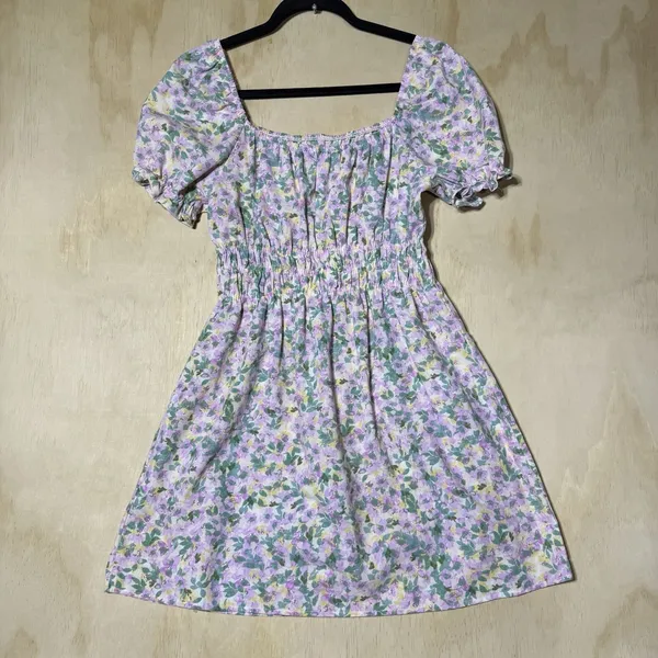 Iris‎ Women's Floral Puff Sleeve Smocked Mini Dress Cottagecore Lavender Large - Image 8