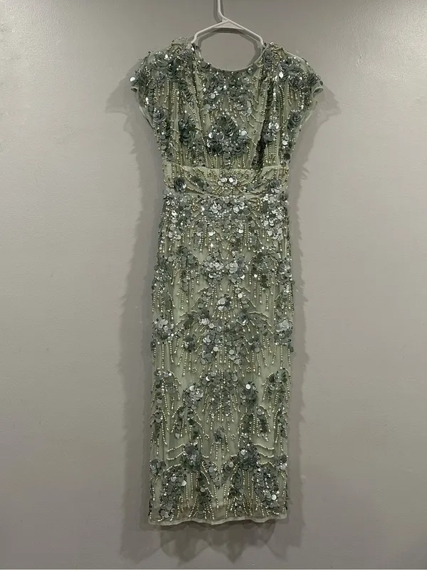 Mac Duggal 94150 Green Embellished Cap Sleeve Midi Dress sz 2 - Image 6