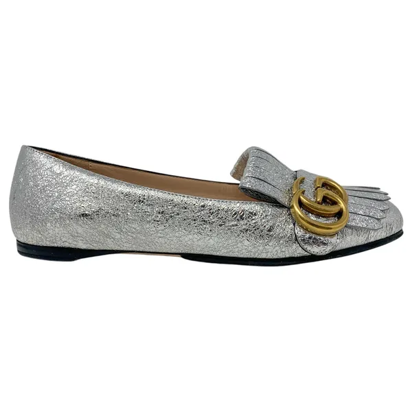 Gucci Silver Foiled Leather Marmont GG Logo Kiltie Fringe Flat Loafers EU 35 - Image 5