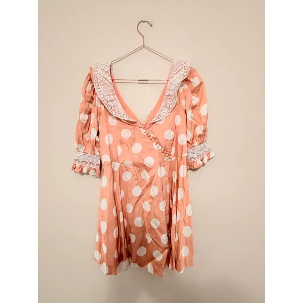 For Love & Lemons‎ Mini Dress Women L Peach Polka Dot CD2932-SP23 Lace Trim New - Image 5
