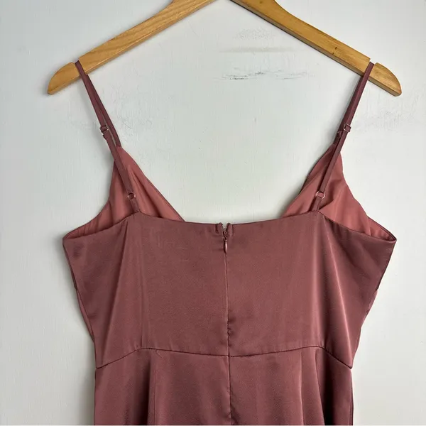 Lulus Enchanted Moments Mauve Pink Satin Ruffle Dress Sz Medium High Low V Neck - Image 11
