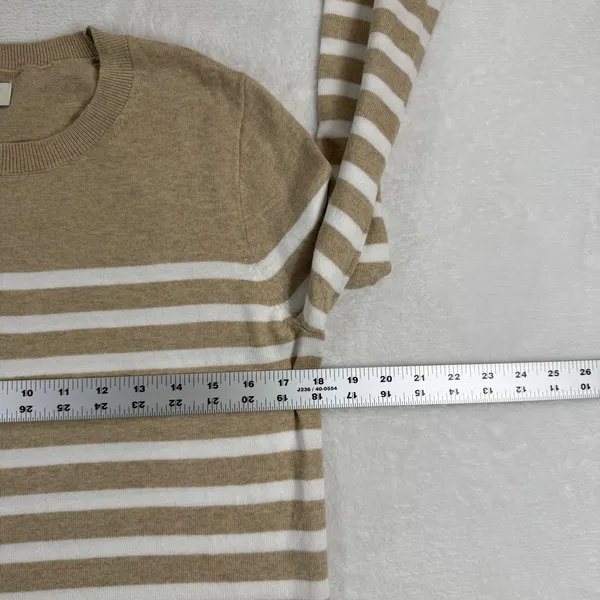 J.Crew Teddie‎ Sweater Womens Medium Tan White Striped Cotton Crewneck CG827 - Image 4
