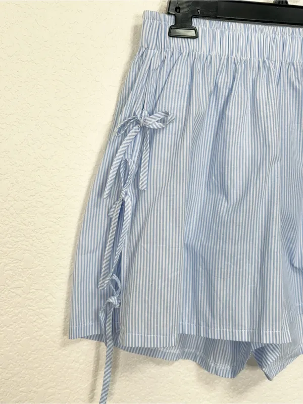 Miss Sparkling Blue Stripe High Waist Shorts Side Tie Pocket Casual Summer Short - Image 3