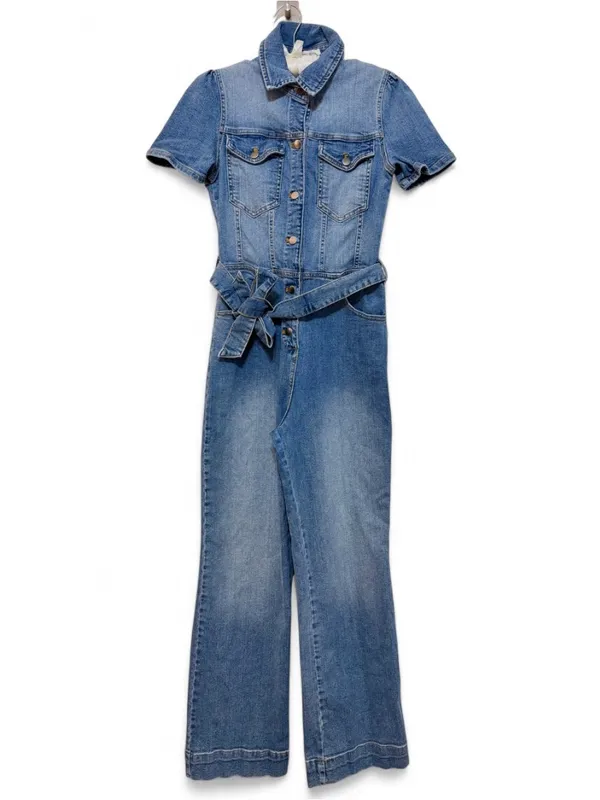 Avec Les Filles Women’s Blue Denim Short-Sleeve Tie-Waist Jumpsuit Size 30 - Image 3