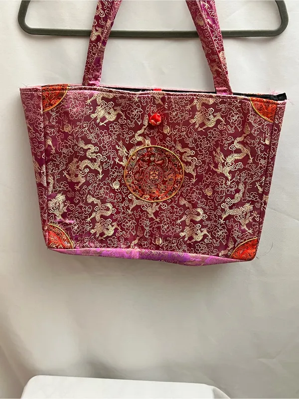 Vintage Chinese Brocade Dragon Tote Bag Purple Gold Asian Shoulder Purse - Image 2