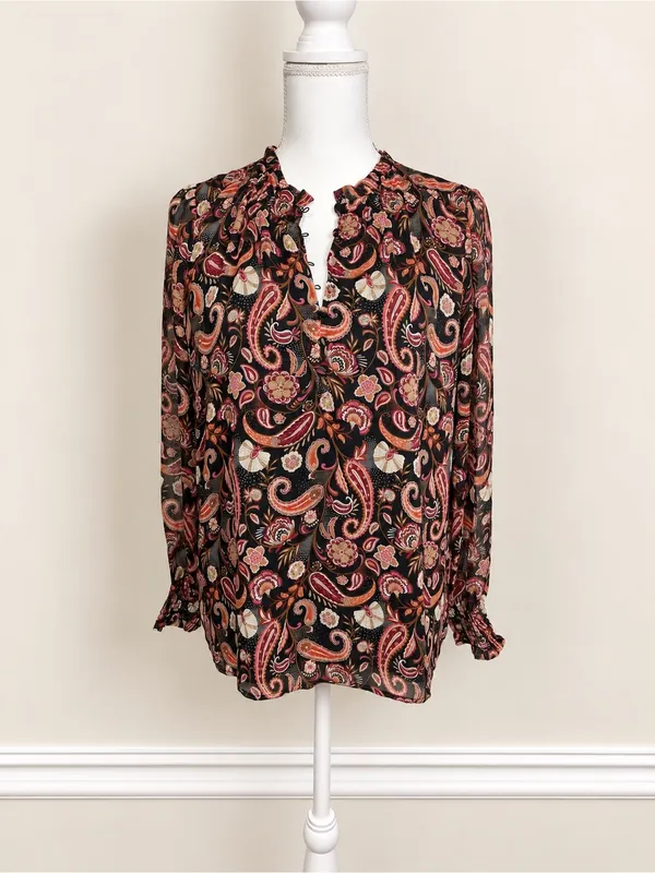 LOFT Paisley Ruffle Neck Long Sleeve Blouse Black Pink Boho Women’s Small - Image 4