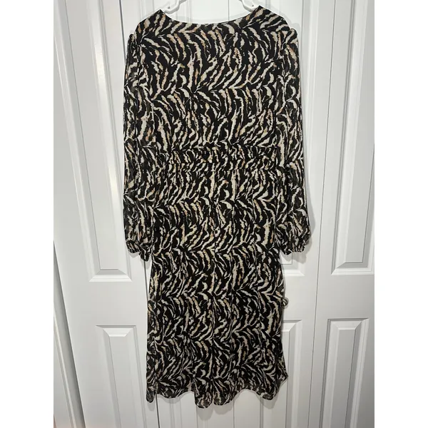 Sofia Vergara Dress XL Black Tan Zebra Smocked Empire Waist Metallic Chiffon - Image 3