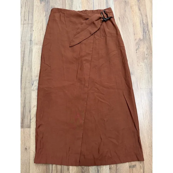 MNG Mango Brown Wrap Maxi Skirt Belted High Waist Viscose Blend Size M - Image 2