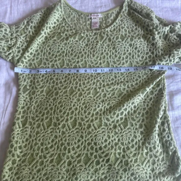 Sundance Light Sage Green Lace Embroidered Mesh Textured Short Sleeve Blouse - Image 6