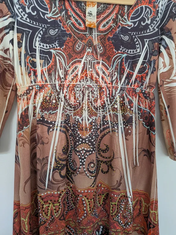 Paisley Rhinestone Embellished Boho Mini Dress Long Sleeve S - Image 8