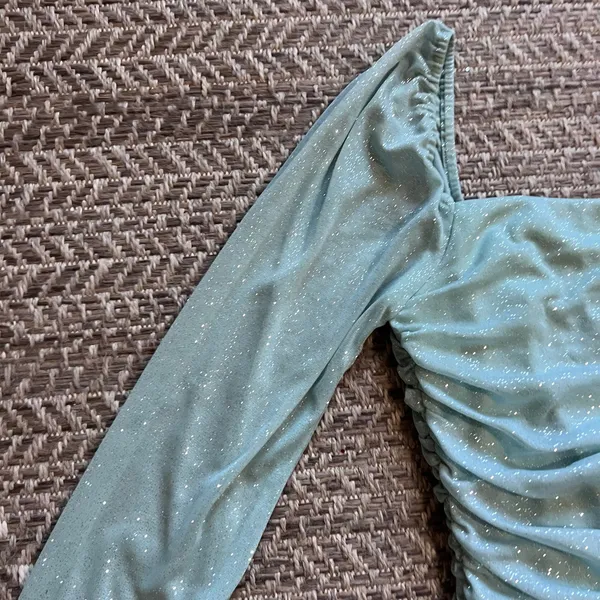 Jump Glitter Square Neck Ruched Long Sleeves Dress Sz M (blue) - Image 2
