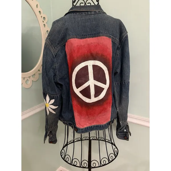 Vtg 90’s Calvin‎ Klein Denim Jean Jacket Blue hippie SZ M Peace Daisy Painted - Image 2