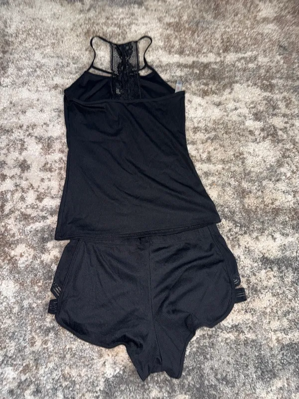 Gilligan & O'Malley Black Lace-Back Sleep Tank with Matching Black Lounge Shorts - Image 4