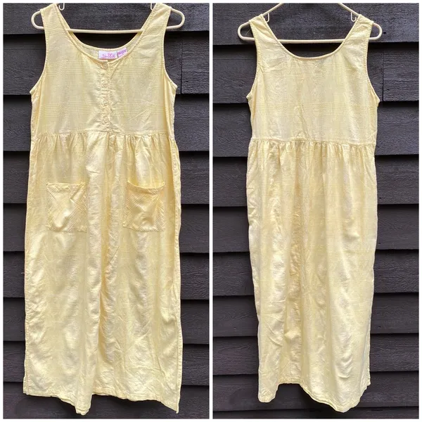 Vtg SITA Butter Yellow Sundress M Cotton Cottage Cabin Boho Plaid Texture Pocket - Image 3