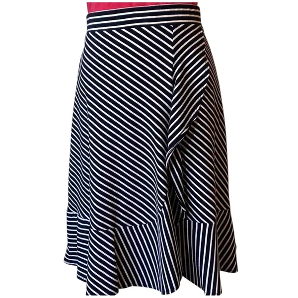 Talbots Navy White Striped Ruffle‎ Hem Midi Skirt Career Casual Women - Image 2
