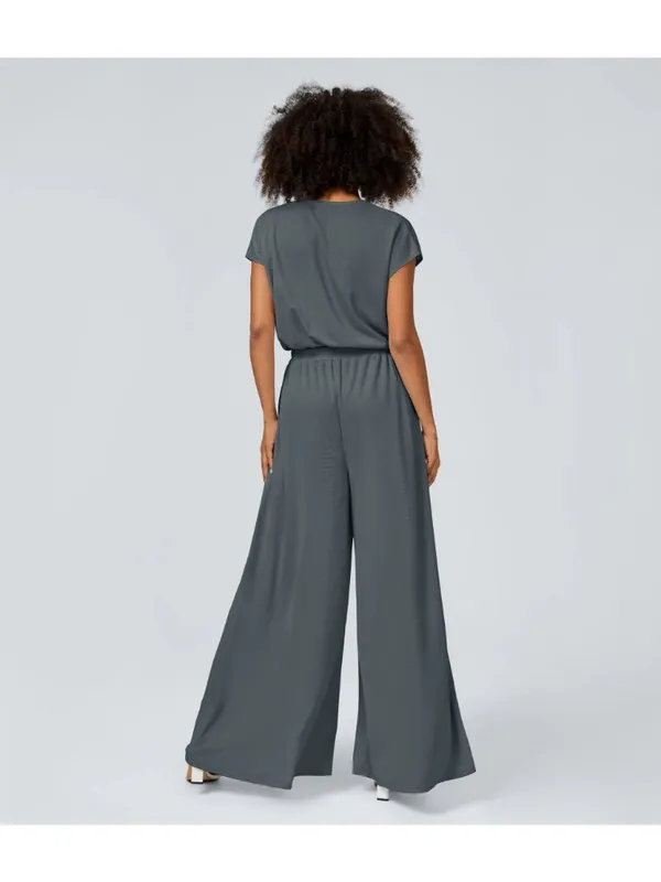 Halara V Neck Short Sleeve Pockets Wide Leg Flowy Waffle Jumpsuit Gray L Tall - Image 2