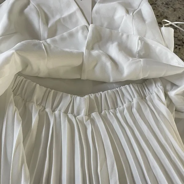 Zara Dress Women XL White Old Money‎ Pleated Mini Skirt V-Neck Waistcoat Vest - Image 8